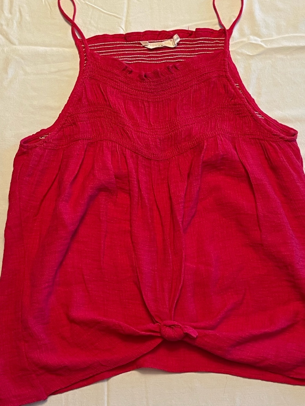 Gauzy Textured Fuchsia Knot-Front & Smocked Bodice Spaghetti Strap Peasant Tank